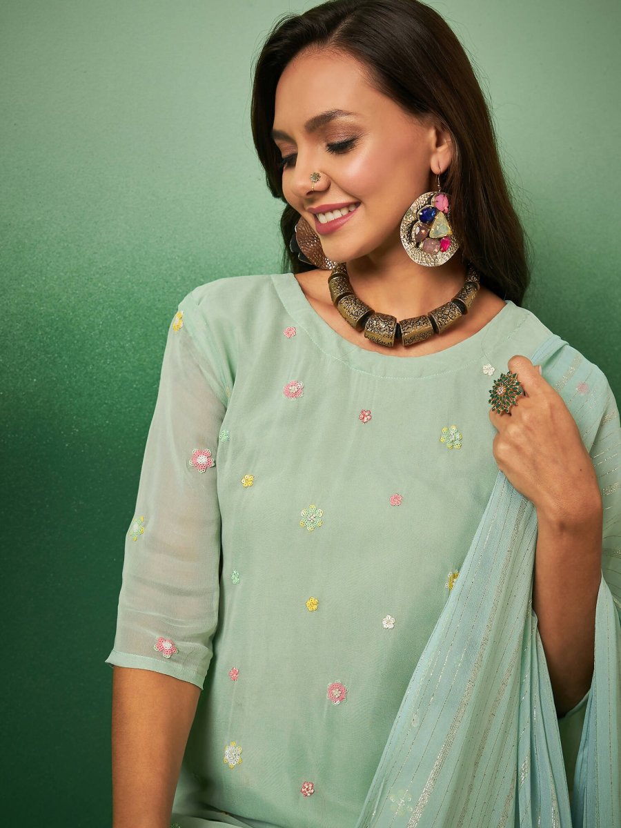 Aqua Blue Georgette Handwork Unstitched Dress Material - Hanika - Distacart