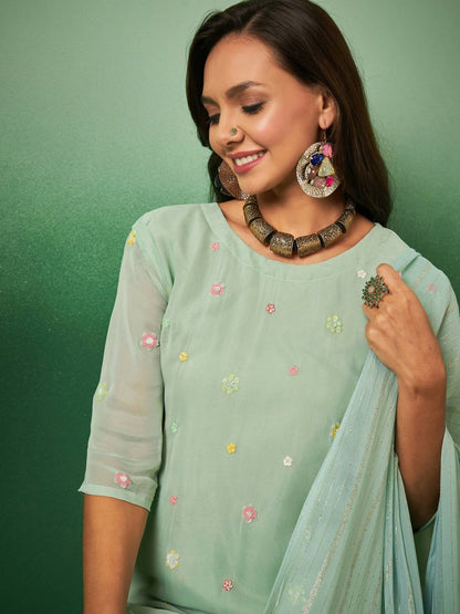 Aqua Blue Georgette Handwork Unstitched Dress Material - Hanika - Distacart