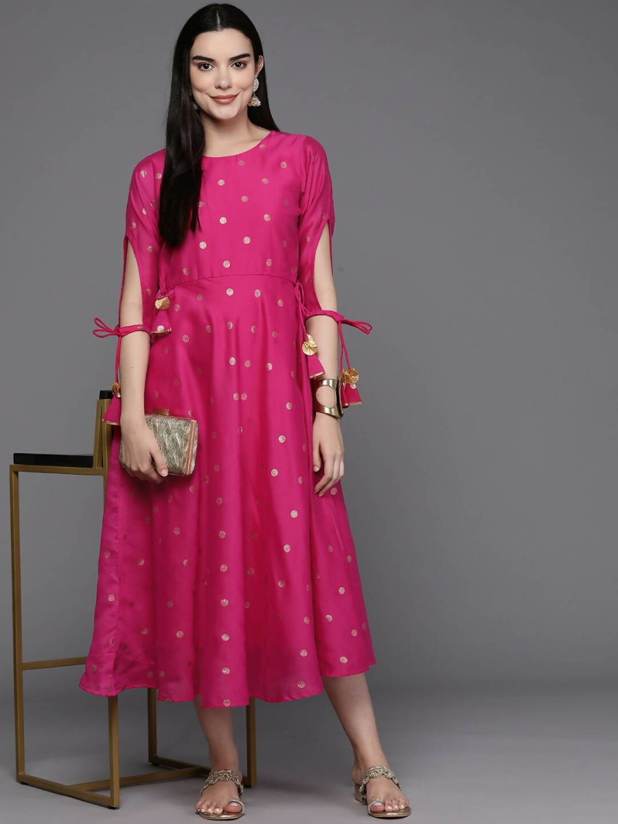 Ahalyaa Women Foil Printed A-Line Midi Ethnic Dress - Pink Color - Distacart