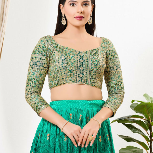 Joban Fashion Green Multi Silk Padded Blouse With Sweetheart Neck 3/4 Sleeves - Distacart