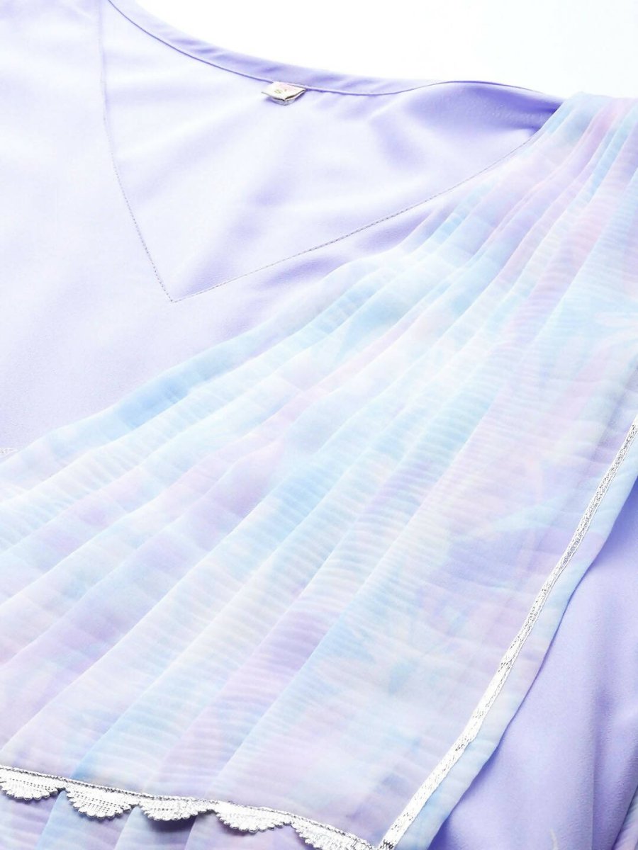 Ahalyaa Blue & White Floral Print Ethnic Maxi Dress with Attached Dupatta - Distacart