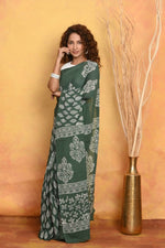 Thumbnail for Very Much Indian Handblock Printed Cotton Saree With Natural Dyes - Green - Distacart