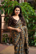 Thumbnail for Coffee Cotton Blend Ajrak Saree with Unstitched Blouse - A2M