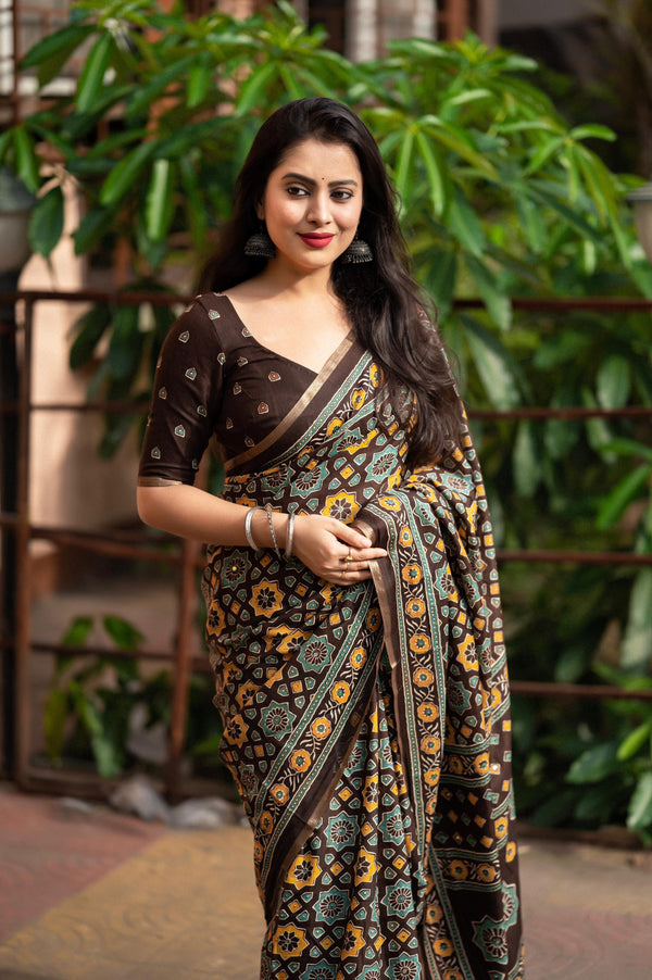 Coffee Cotton Blend Ajrak Saree with Unstitched Blouse - A2M