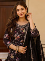 Thumbnail for The52 Black Women's Gorgeous Embroidered Chinon Fabric Straight Kurta Palazzo and Dupatta Set - Distacart