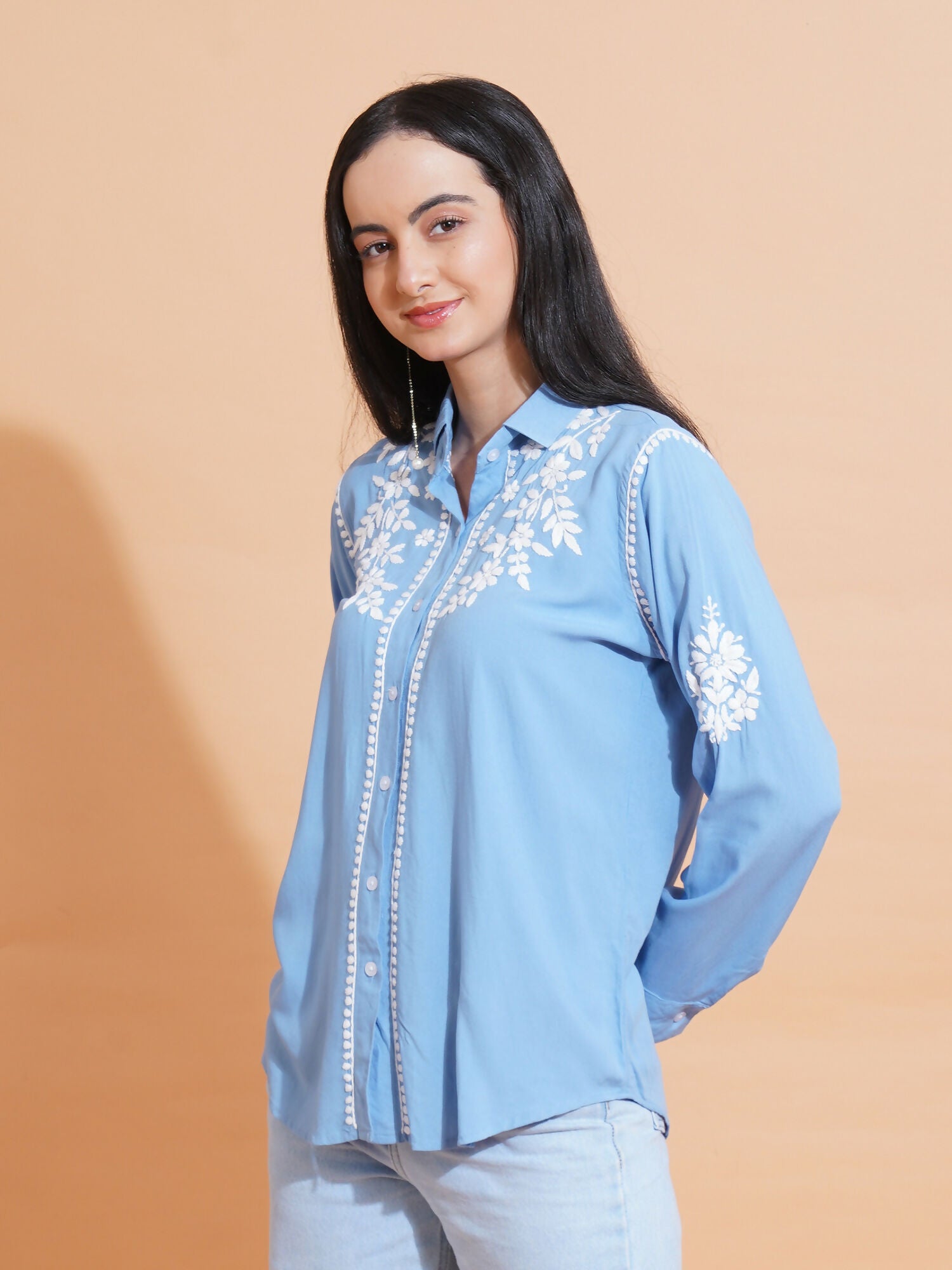 Pahnaz Modal Chikankari Handwork Shirt-Blue - Dista