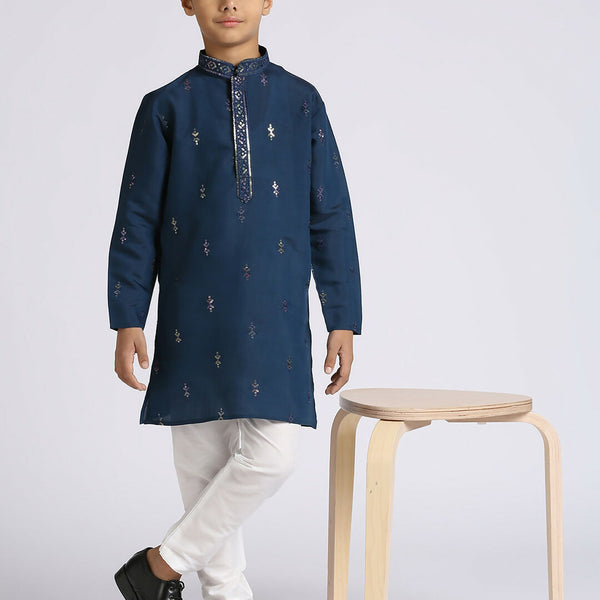 Joban Fashion Kids Island Traditional Ethnic Wear with Silk Sequence Embroidery Full Sleeves Kurta and Pyjama Set - Blue - Distacart
