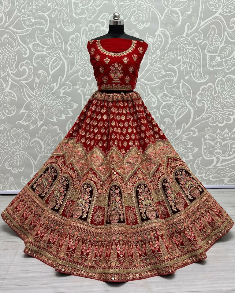 Jyoti Fashion Women's Red Velvet Multi Thread Embroidered with Zircon Diamond Wedding Lehenga Choli - Distacart