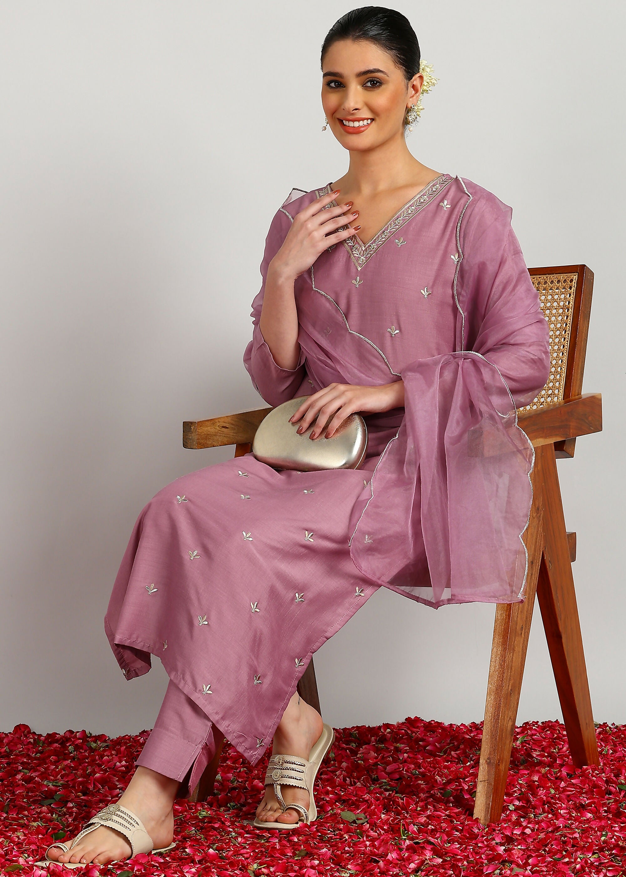 Aavyora Women’s Lavender Embroidered Kurta Set with Dupatta