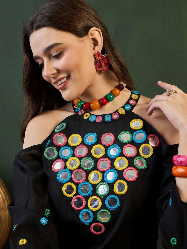 Sangria Embroidered Halter Neck Kurta & Palazzo With Bag - Distacart