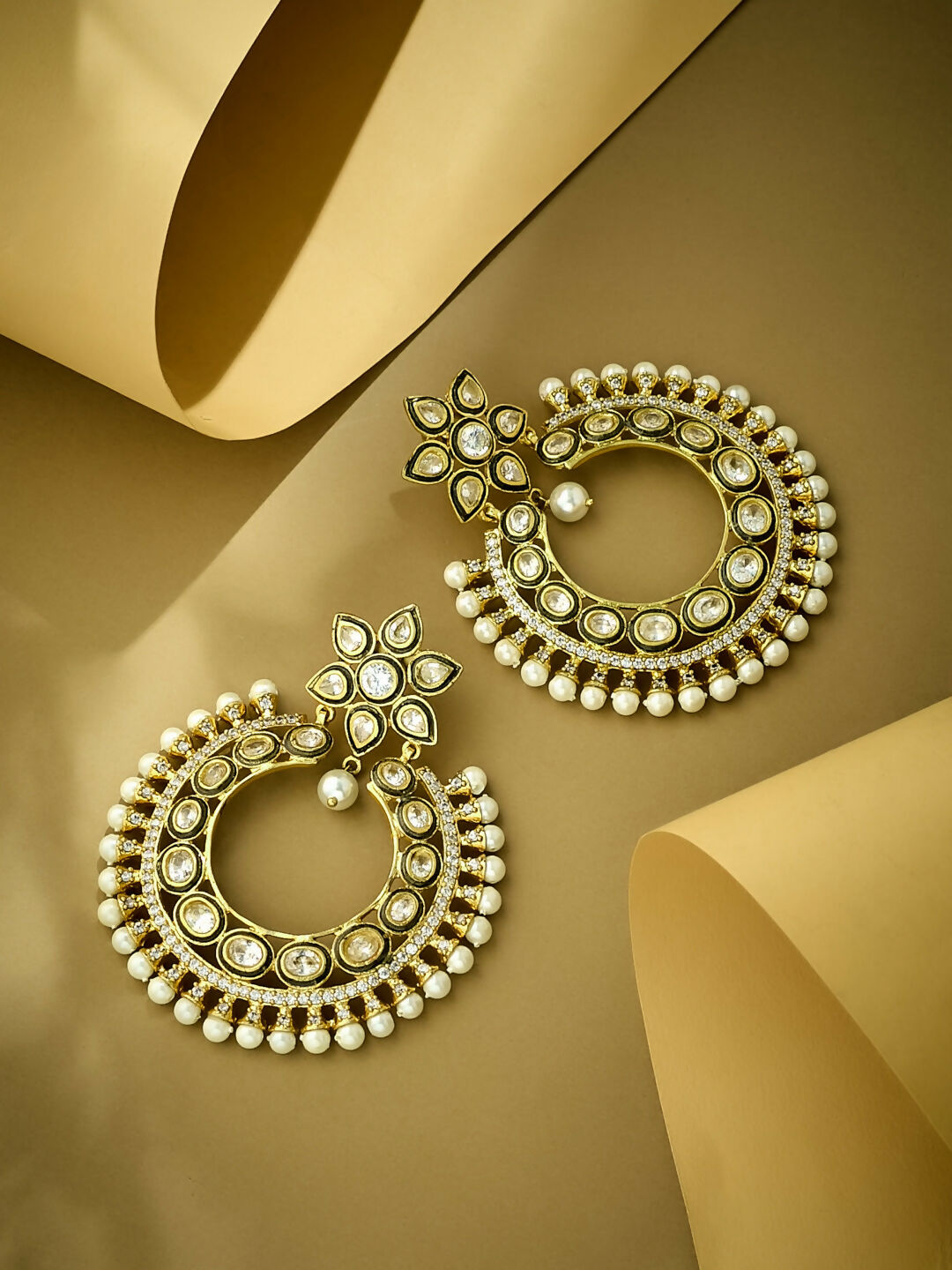 Nuyug 22K Gold-Plated Kundan Studded & Pearl Beaded Floral Chandbali Earrings