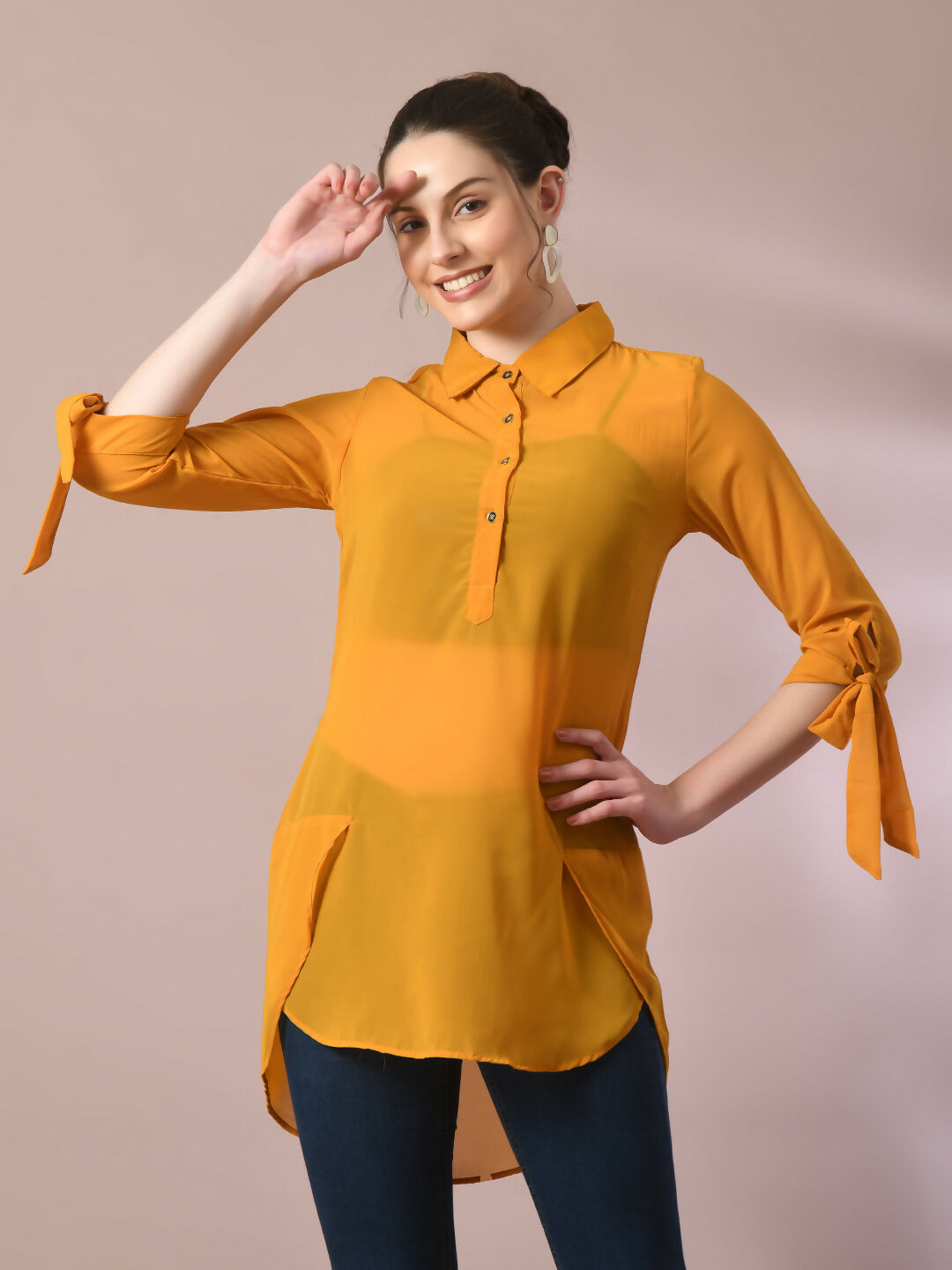 Myshka Women's Yellow Solid Georgette Longline Party Sheer Tunic - Distacart