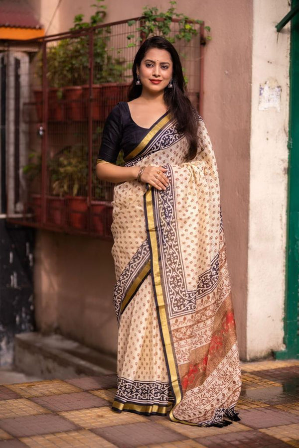 Cream Silk Blend Geometric Saree with Unstitched Blouse - Hiral Fashion - Distacart
