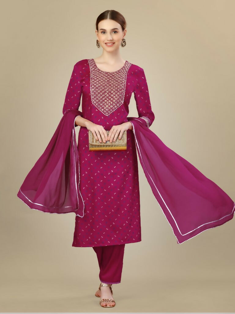 Jyoti Fashion Women's Rani Pink Silk Blend Embroidery & Sequence work Kurta with Trouser & Dupatta - Distacart