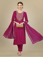 Thumbnail for Jyoti Fashion Women's Rani Pink Silk Blend Embroidery & Sequence work Kurta with Trouser & Dupatta - Distacart