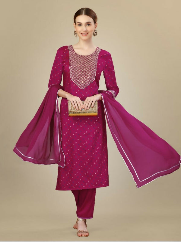 Jyoti Fashion Women's Rani Pink Silk Blend Embroidery & Sequence work Kurta with Trouser & Dupatta - Distacart