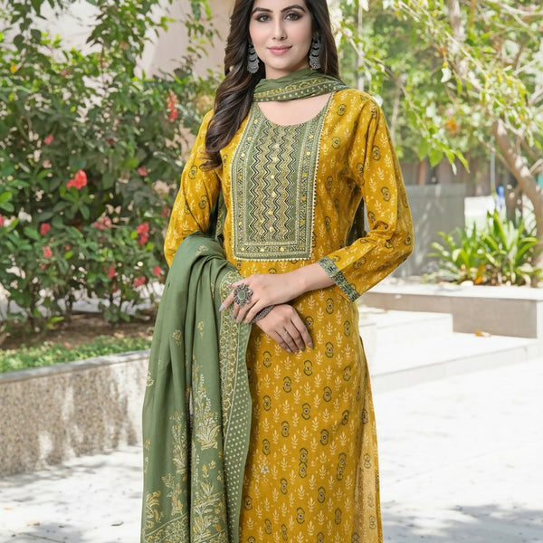 BulBul Aaliya Mustard Cotton Kurta Set with Dupatta