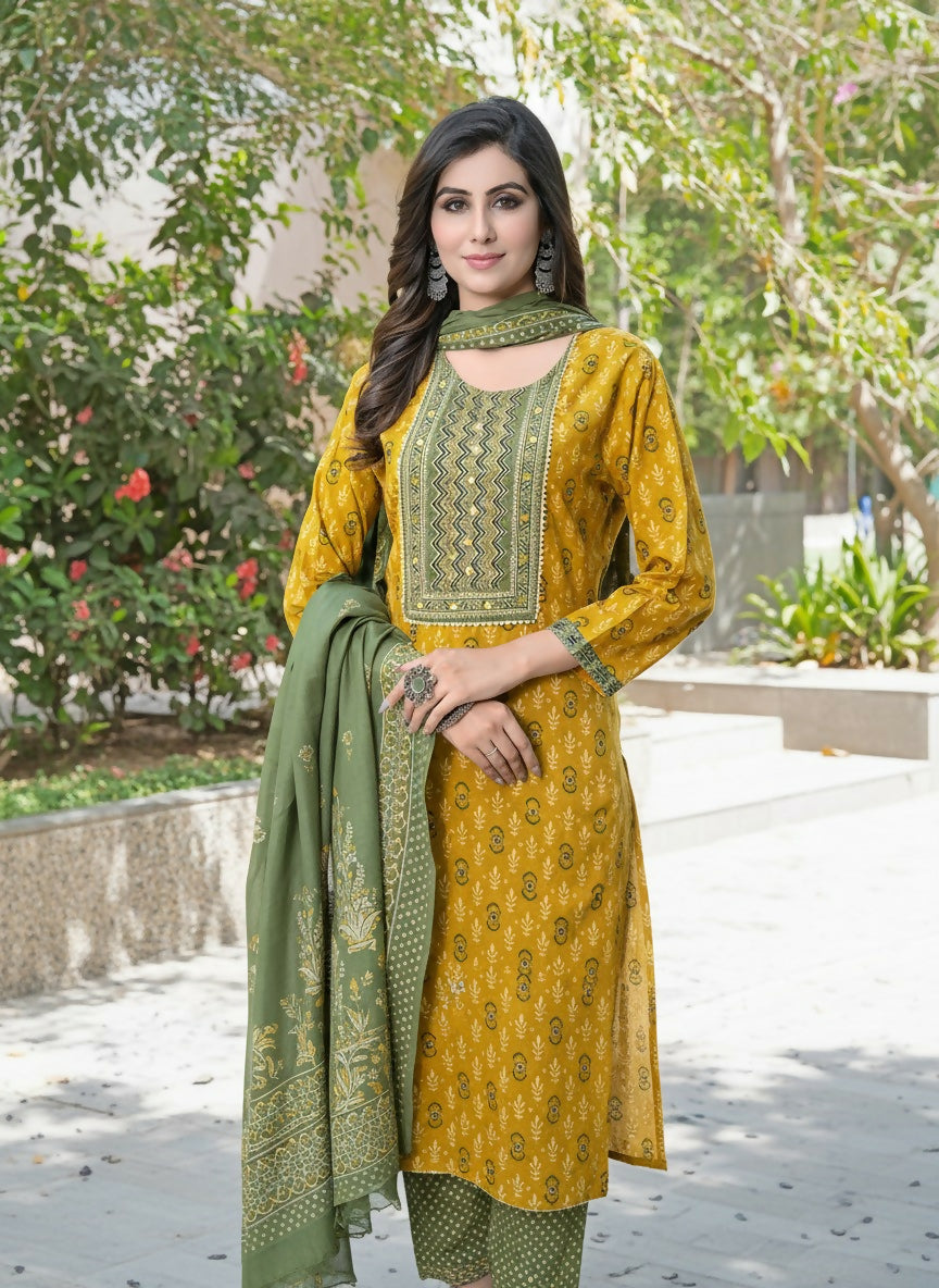 BulBul Aaliya Mustard Cotton Kurta Set with Dupatta - Distacart