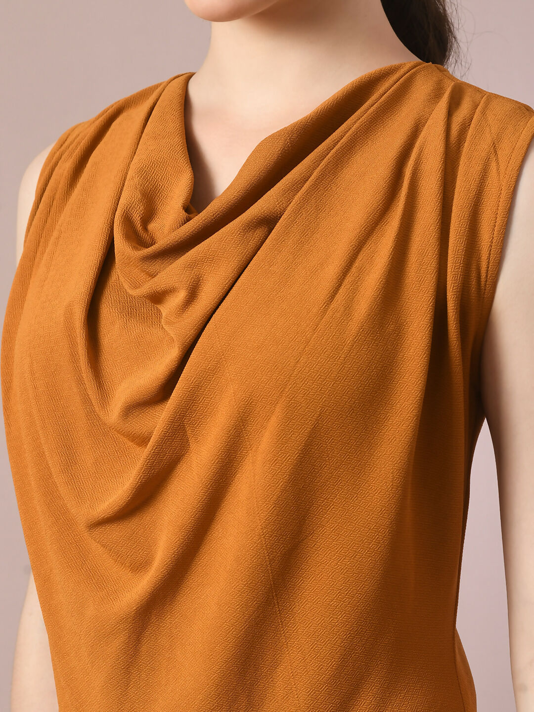 Myshka Women's Mustard Solid Cowl Neck Bodycon Party Dress - Distacart