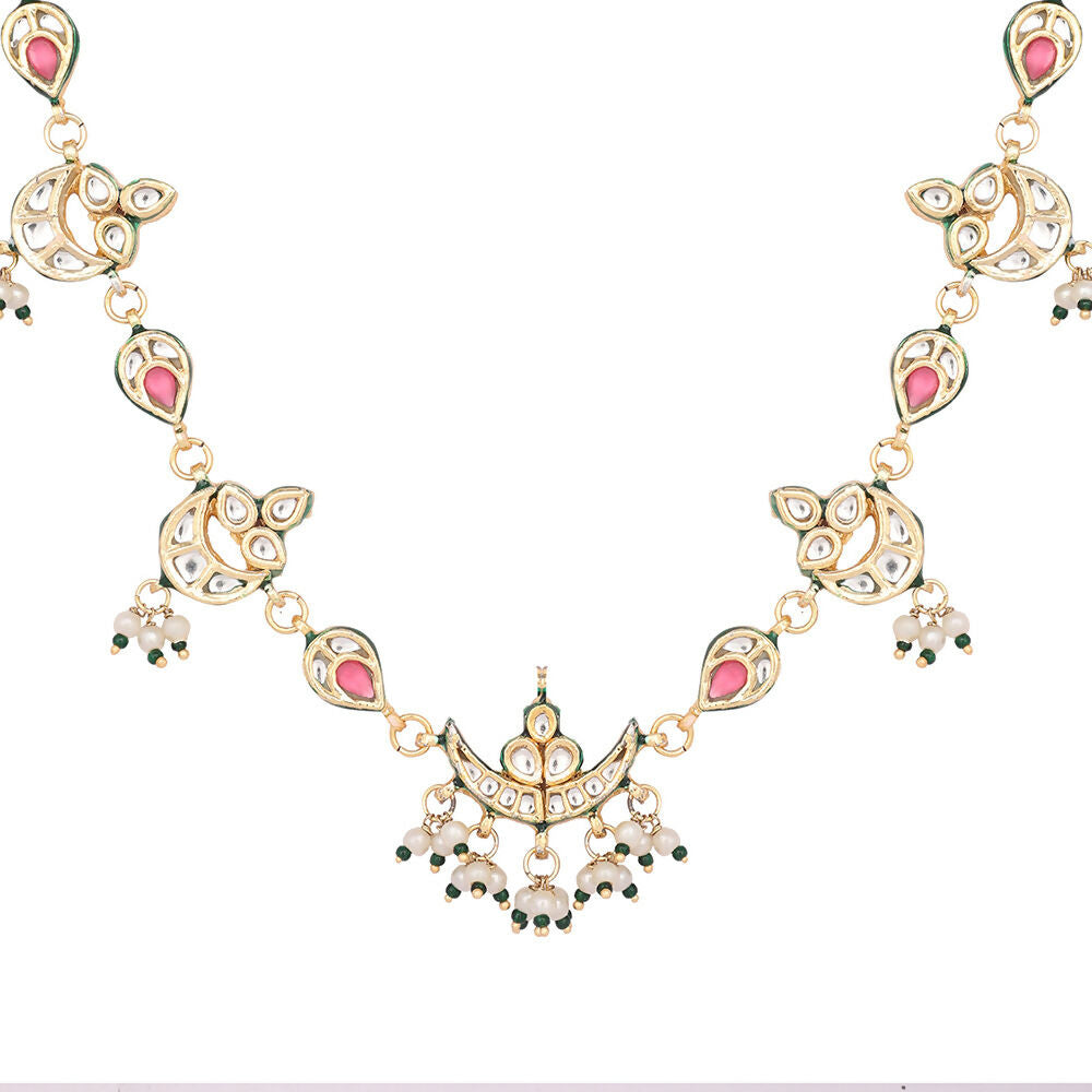 Nuyug 22K Gold Plated Regal Enamel Bloom Pearl Drop Necklace