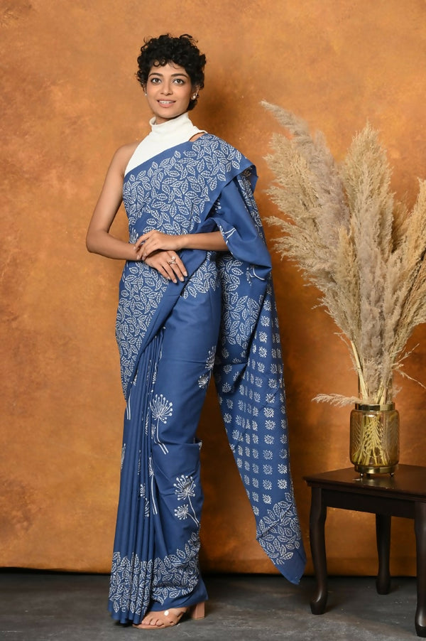Very Much Indian Handblock Printed Cotton Saree With Natural Dyes - Cyan Blue - Distacart