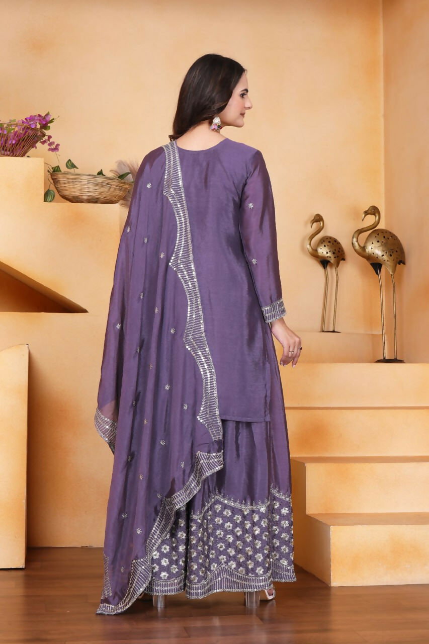 Joban Fashion Purple Silk Embroidered Sharara Set - Distacart