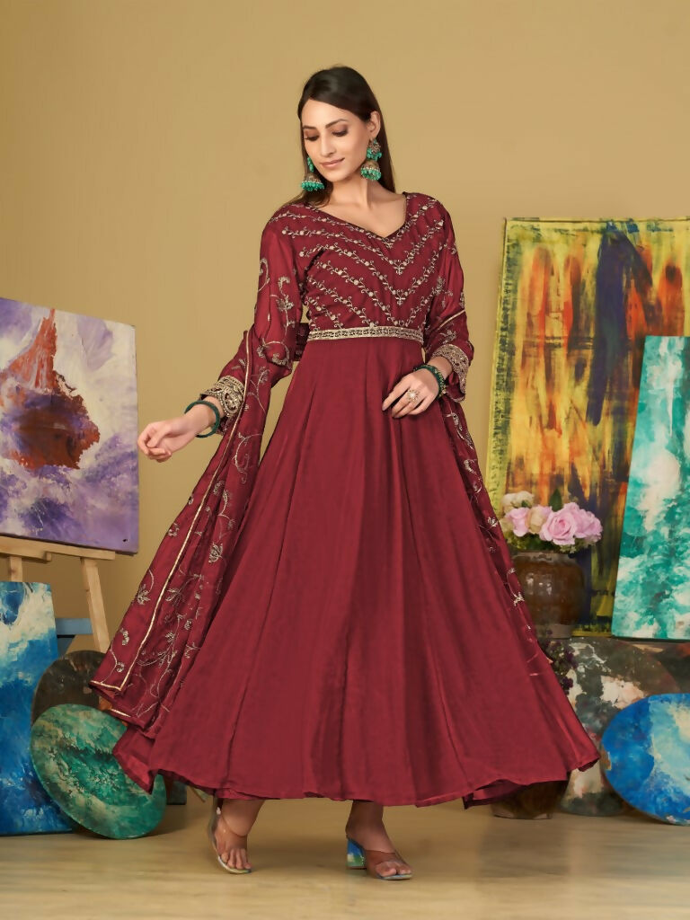 Jyoti Fashion Women's Maroon Georgette Embroidered Anarkali Kurta Pant Set With Dupatta - Distacart