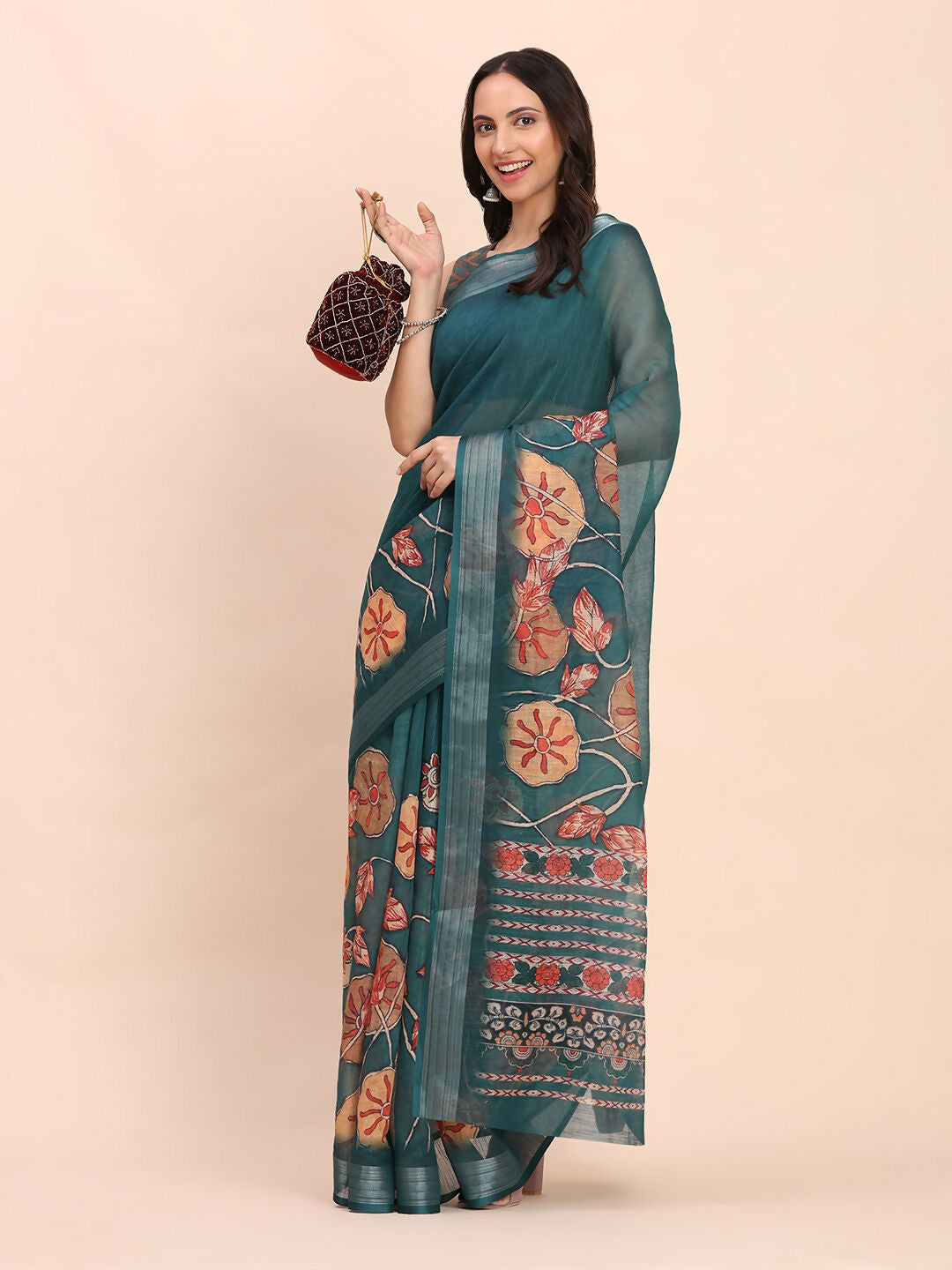 Astita Linen Cotton Teal Blue Saree
