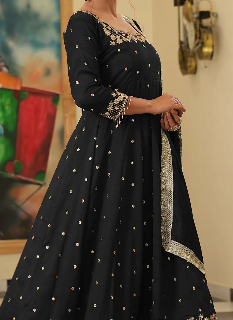 Teeya Creation Black Color Pure Vichitra Silk Embroidery Work Party Wear Gown