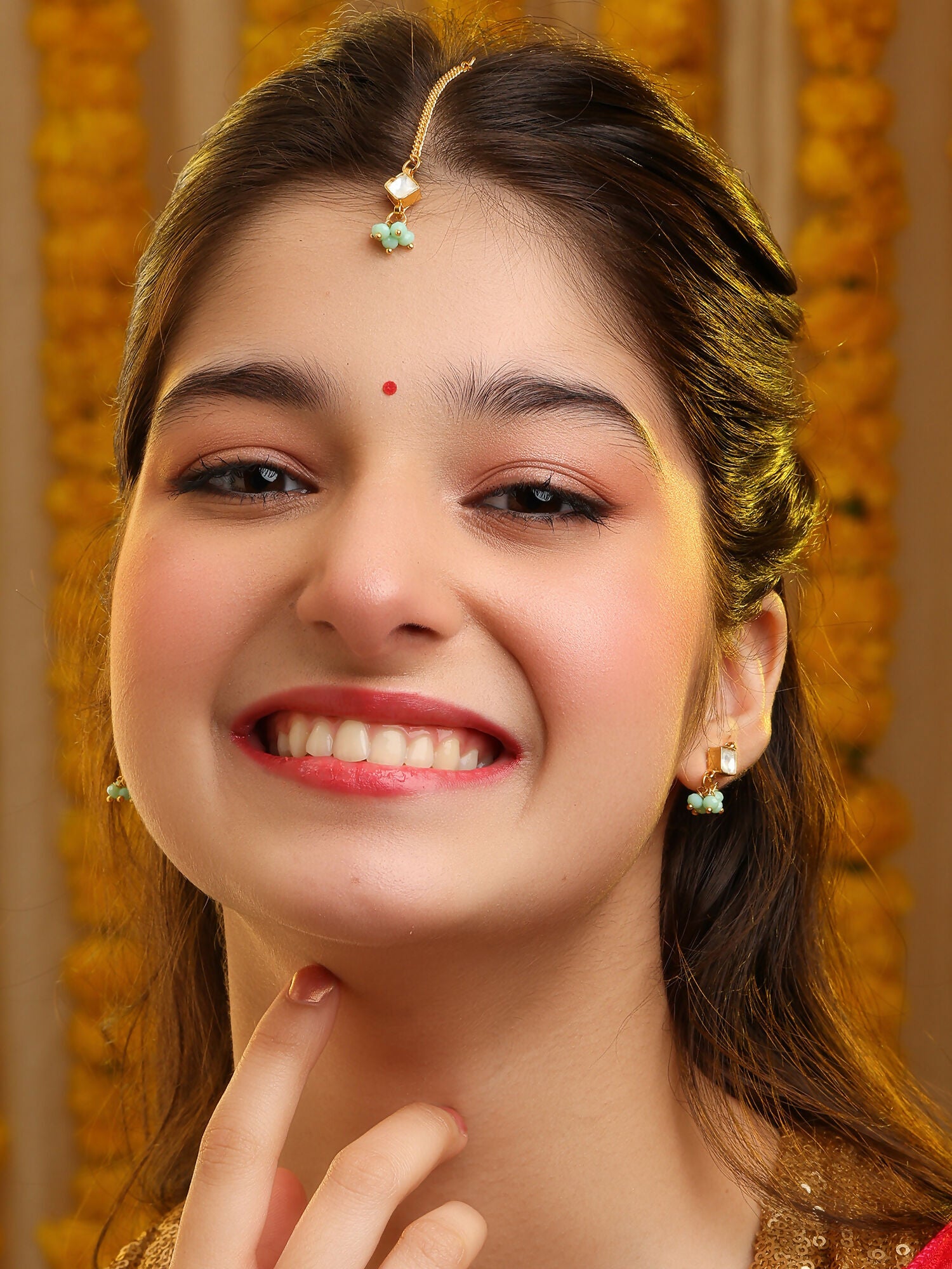 Ruby Raang Set Of Pastel Green Maang Tikka And Earrings