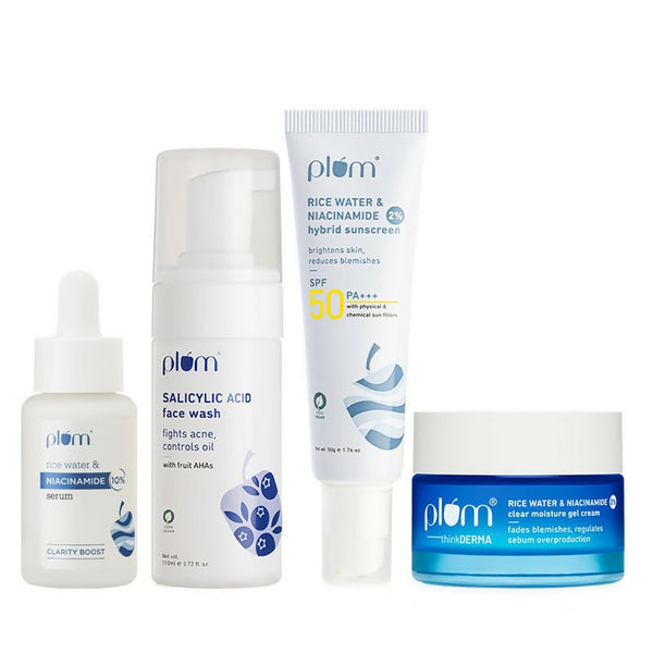 Plum Bright & Clear Skin CSMS (Cleanser, Serum, Moisturizer, Sunscreen) Combo With Niacinamide & Salicylic Acid - Distacart