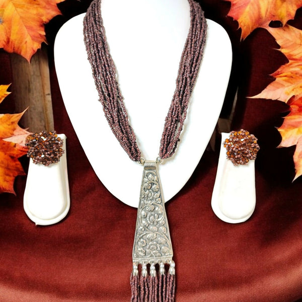 Inhanns Day-To-Dinner Tie Shaped Oxidized Black Metal Multi-Layered Long Necklace Set - Coffee - Distacart