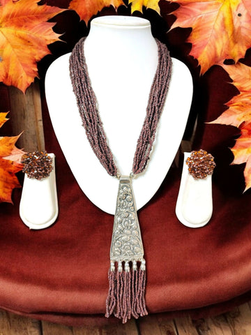 Inhanns Day-To-Dinner Tie Shaped Oxidized Black Metal Multi-Layered Long Necklace Set - Coffee - Distacart