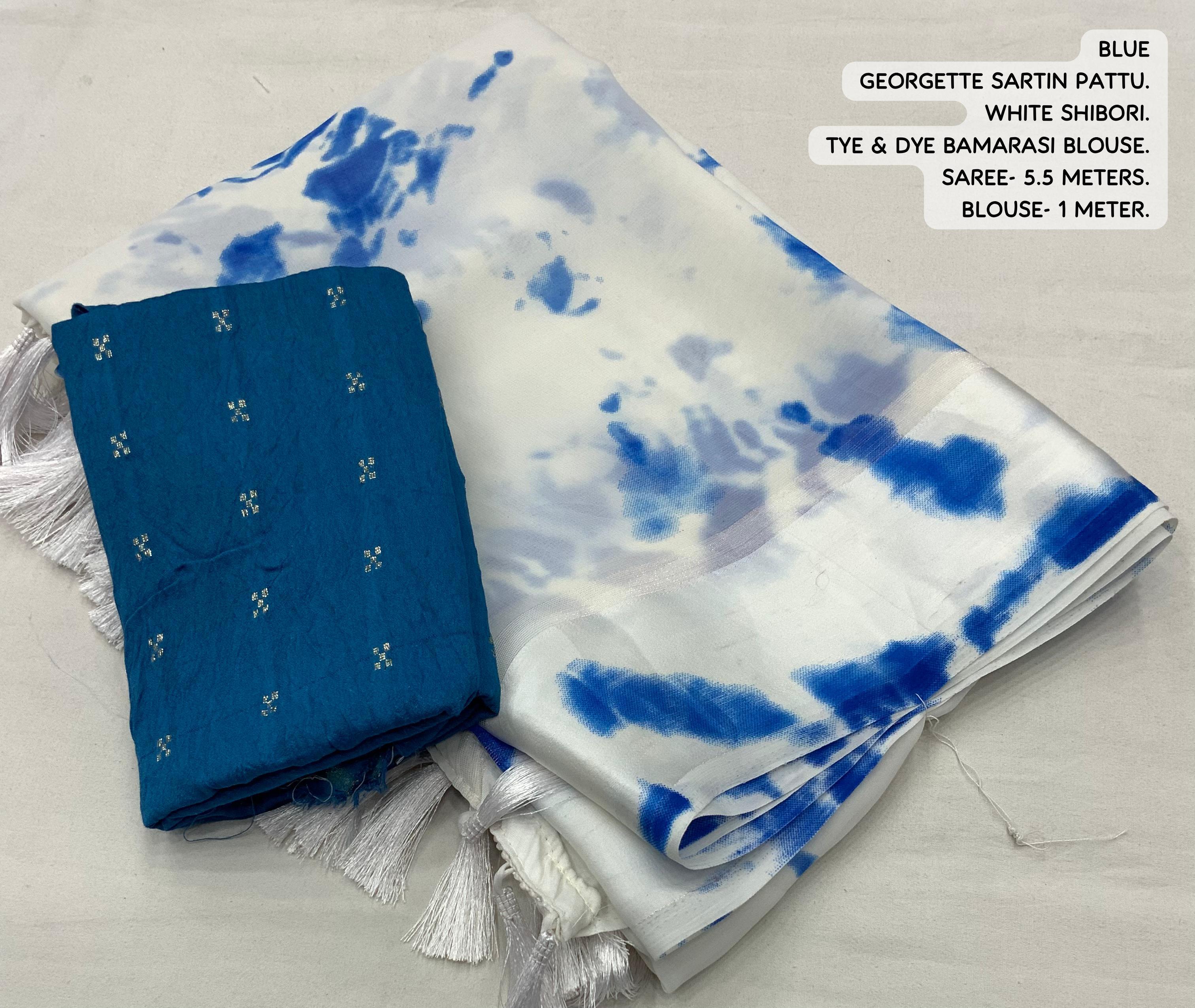 Blue Poly Georgette Tie and Dye Saree with Unstitched Blouse - Hiral Fashion - Distacart
