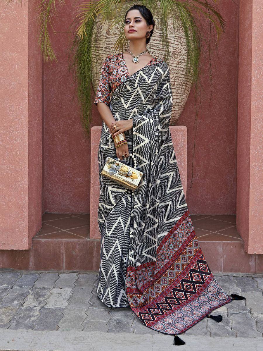 Tulsi Art Captivating Black Digital Printed Crepe Event Wear Saree With Blouse - Dista