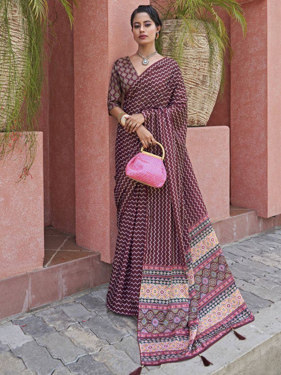 Tulsi Art Magnificent Wine Digital Printed Crepe Festival Wear Saree With Blouse - Dista