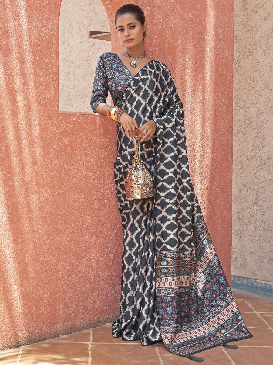 Tulsi Art Embrace Grey Digital Printed Crepe Festivities Saree & Blouse - Dista