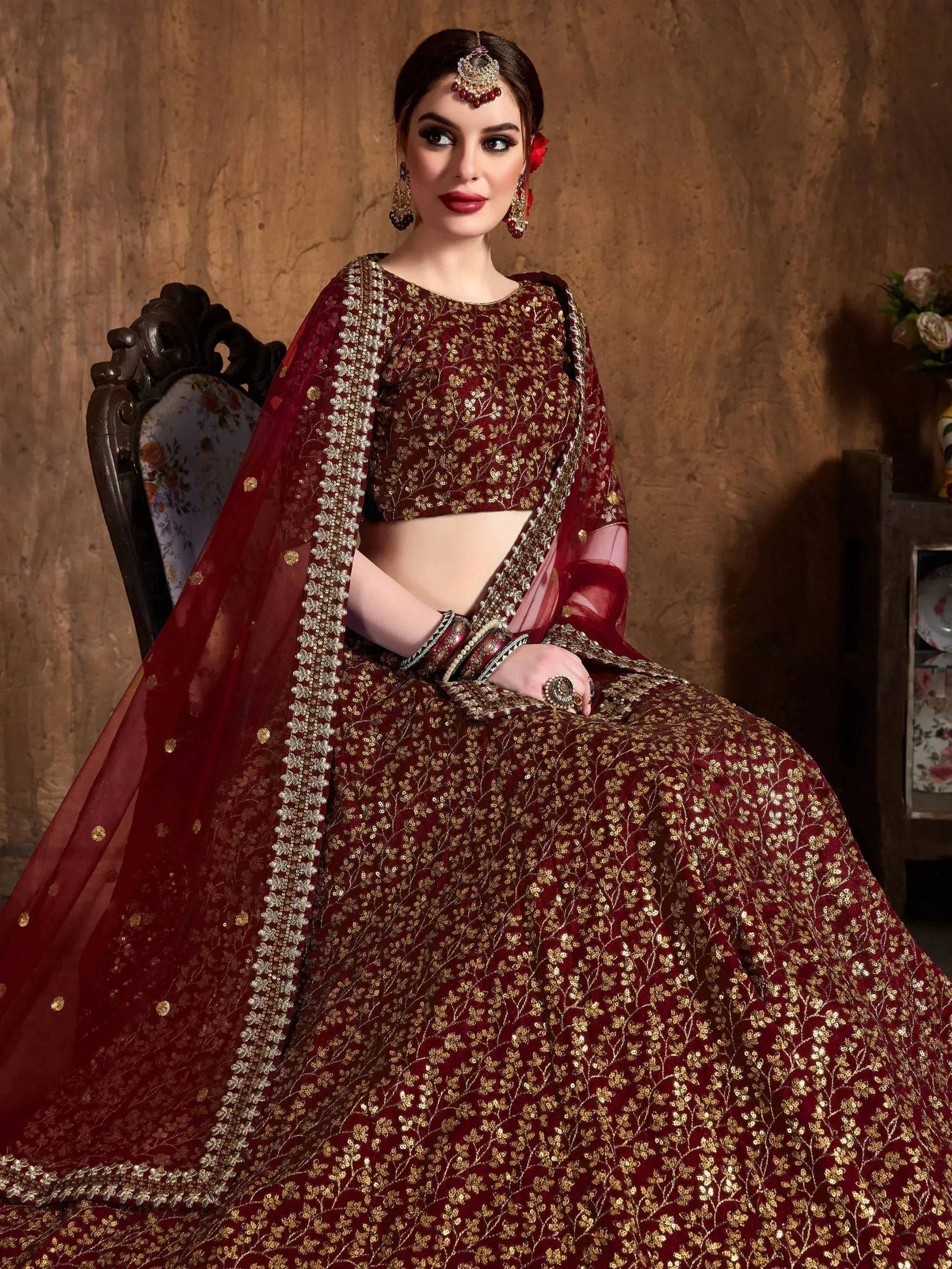 Tulsi Art Maroon Zari Embroidery Raw Silk Wedding Lehenga Choli With Dupatta - Dista