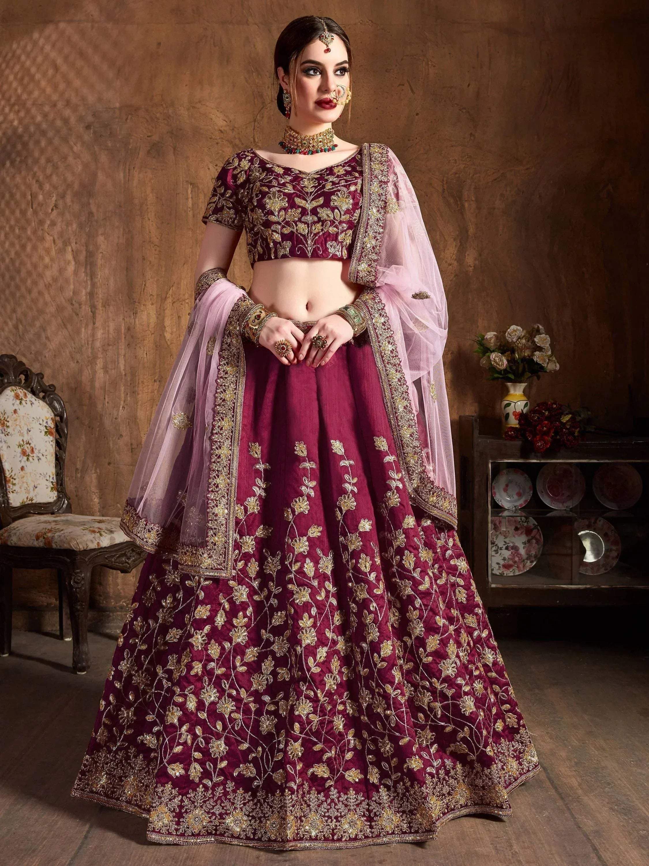 Tulsi Art Maroon Sequins Raw Silk Bridal Lehenga Choli With Pink Dupatta - Dista