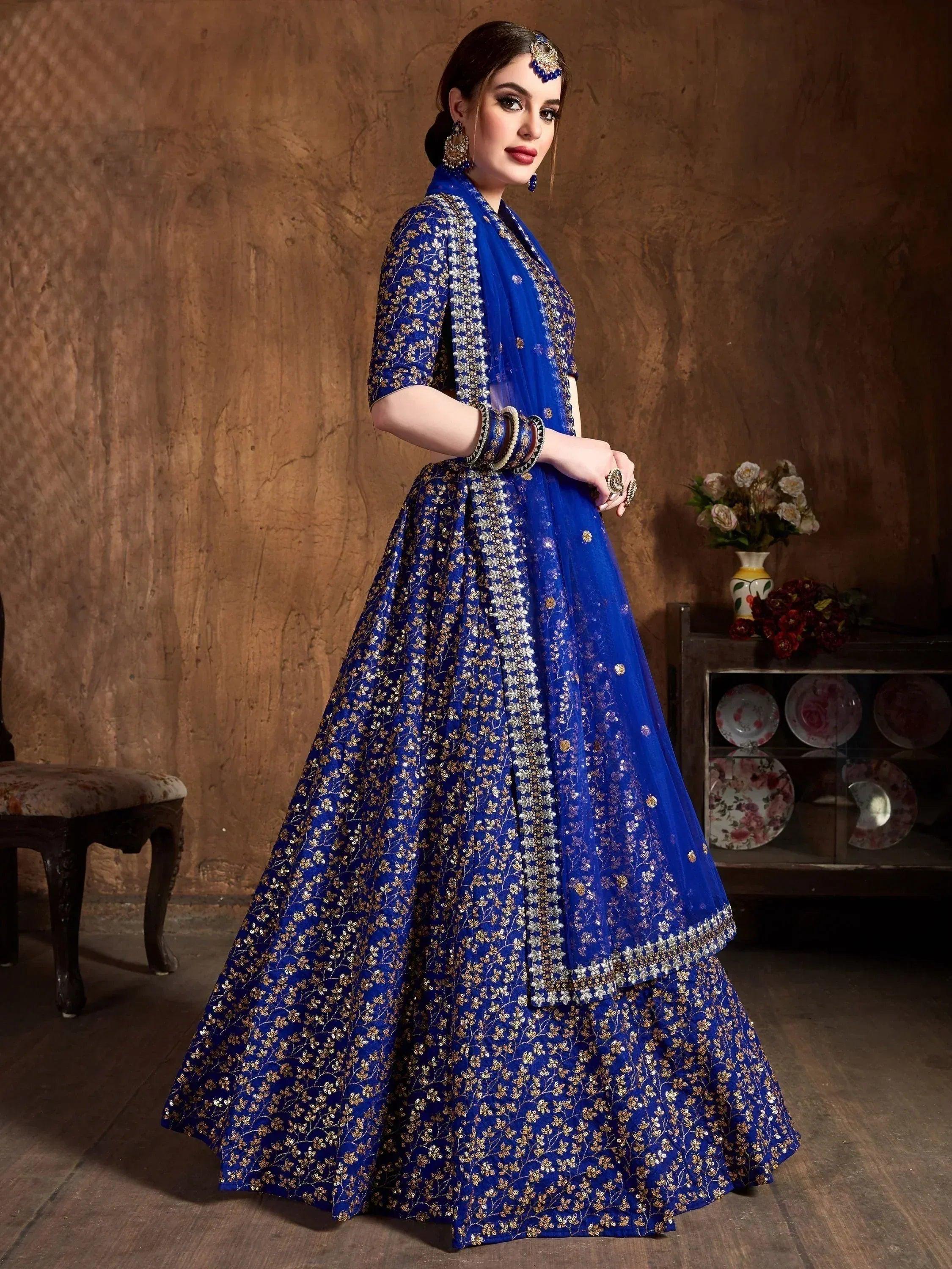 Tulsi Art Blue Zari Embroidery Raw Silk Wedding Lehenga Choli With Dupatta - Dista