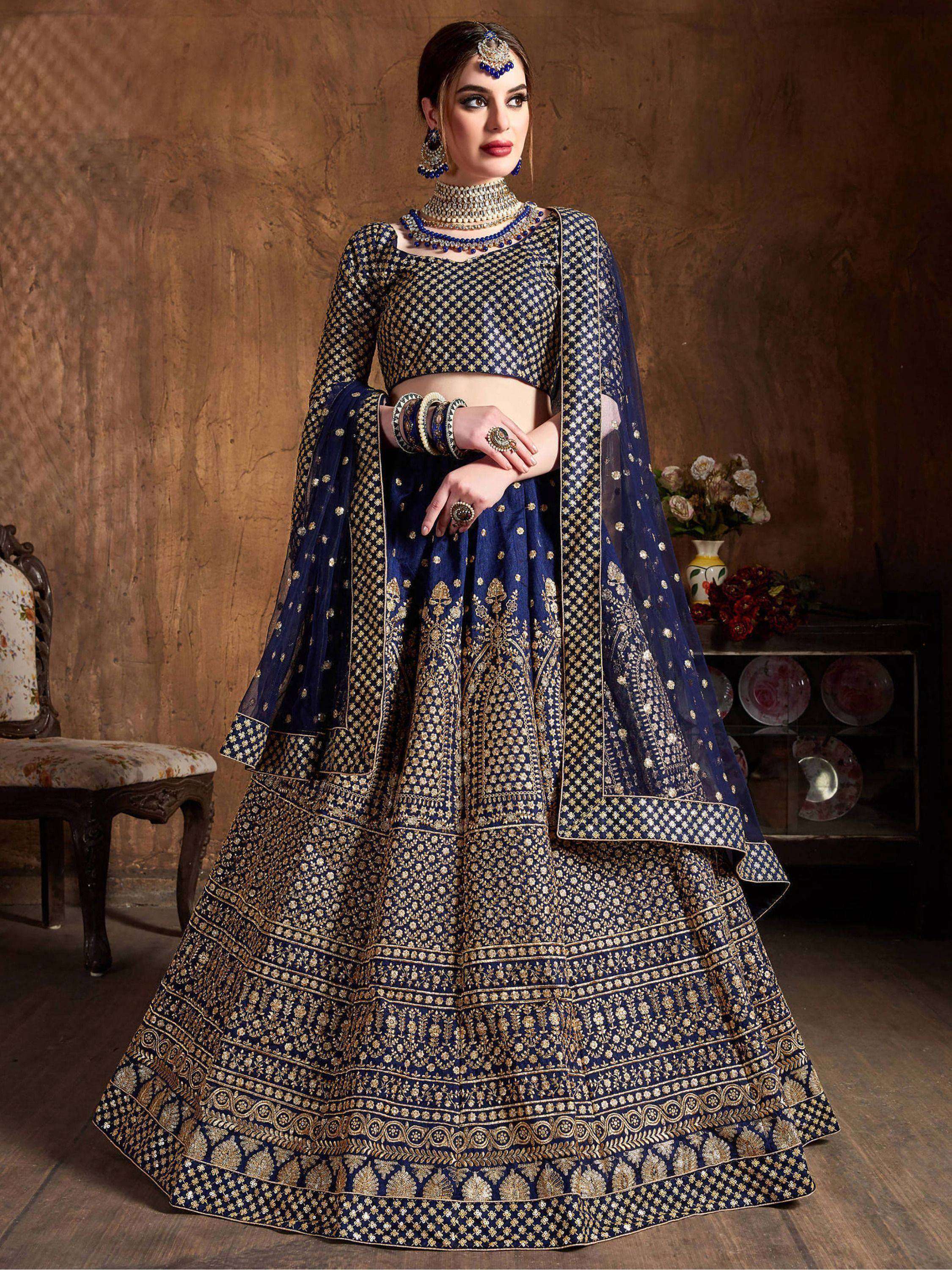 Tulsi Art Navy Blue Sequins Raw Silk Wedding Lehenga Choli With Dupatta - Dista