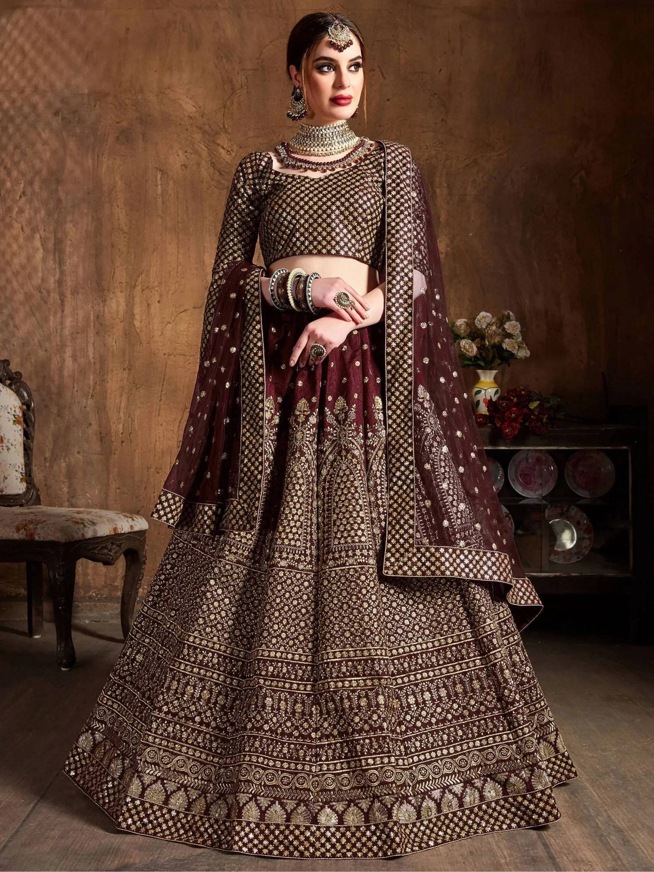 Tulsi Art Maroon Sequins Raw Silk Wedding Lehenga Choli With Dupatta - Dista