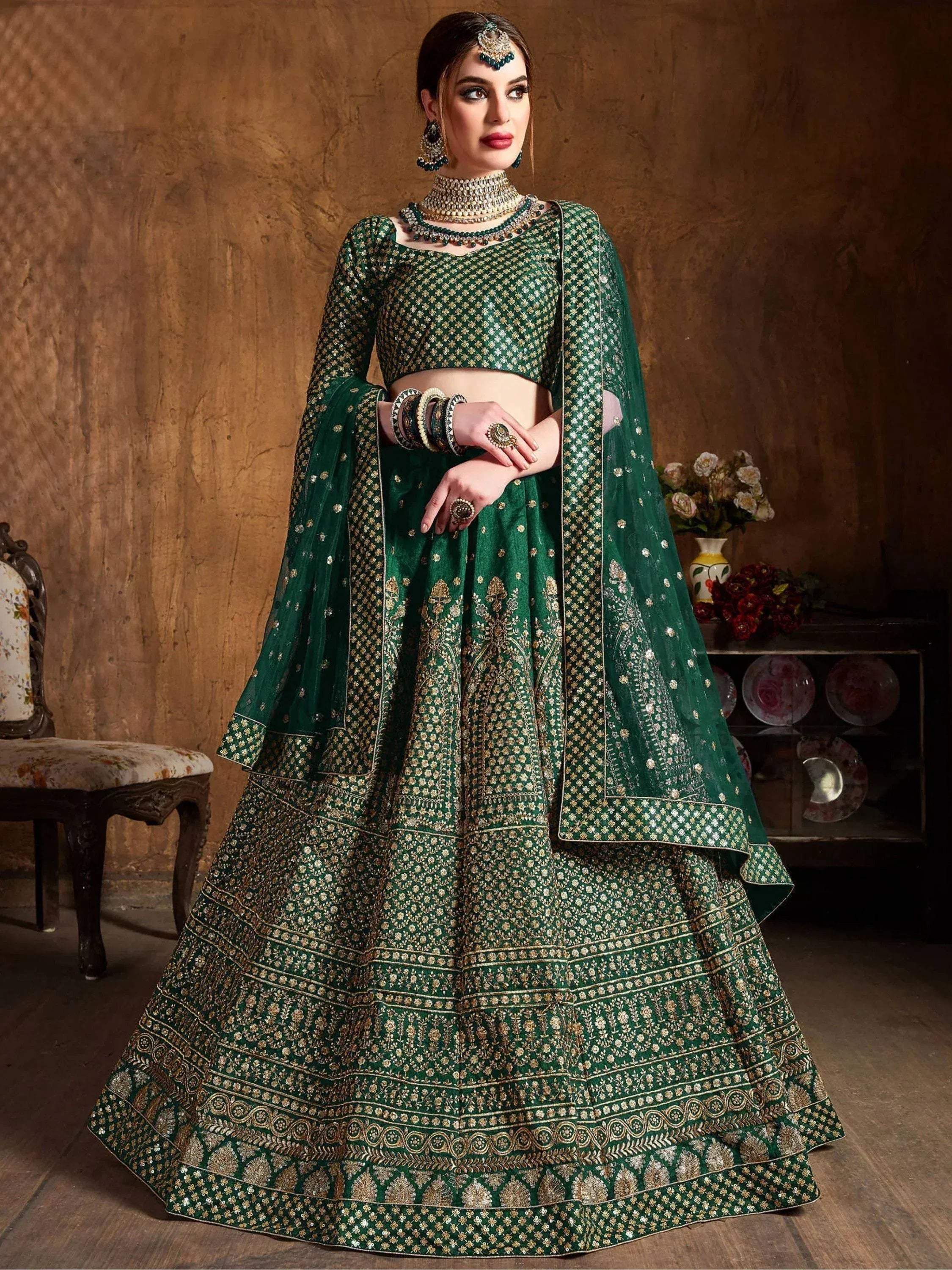 Tulsi Art Bottle Green Sequins Raw Silk Wedding Lehenga Choli With Dupatta - Dista