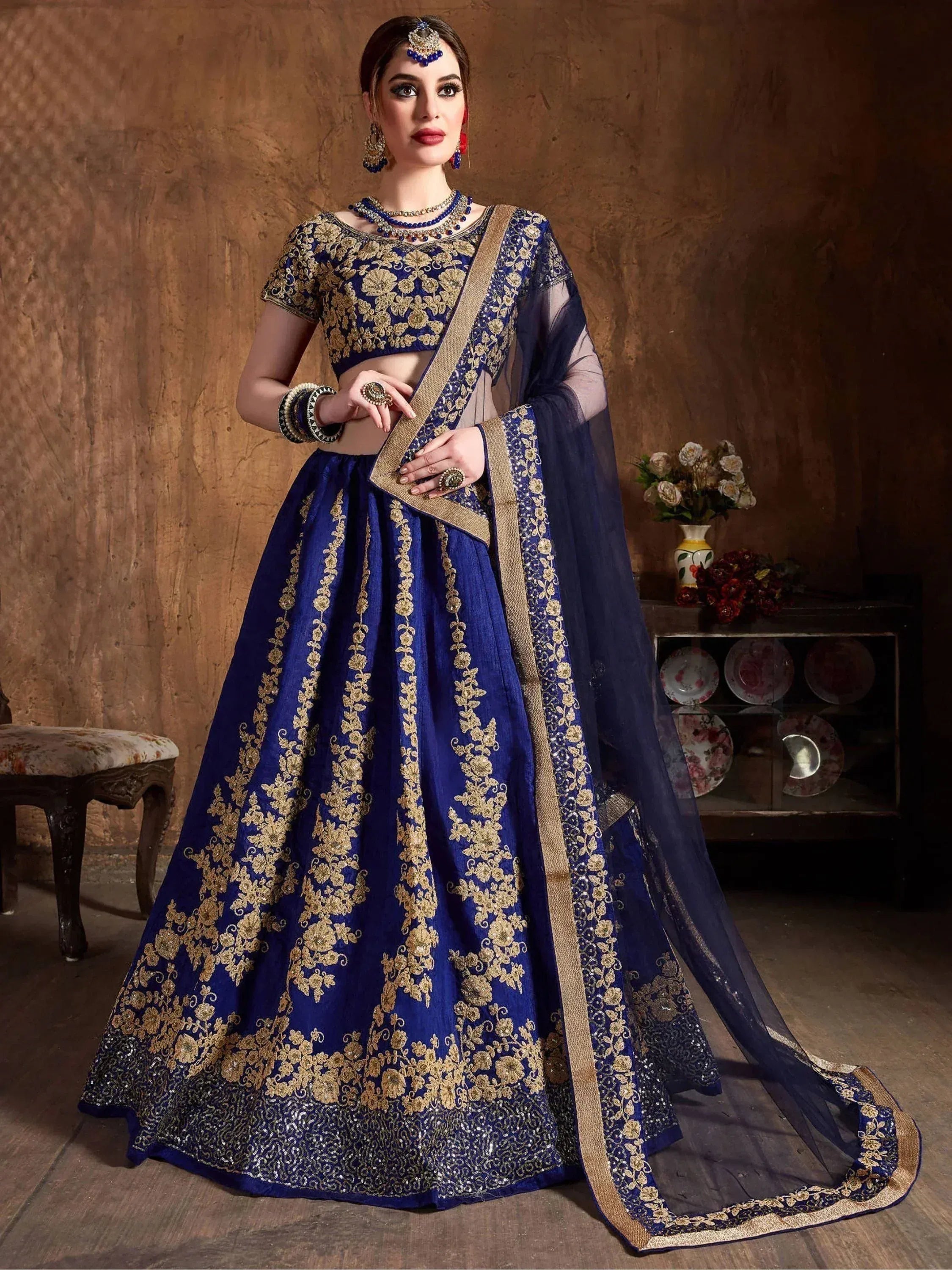 Tulsi Art Navy Blue Embroidery Raw Silk Wedding Lehenga Choli With Dupatta - Dista