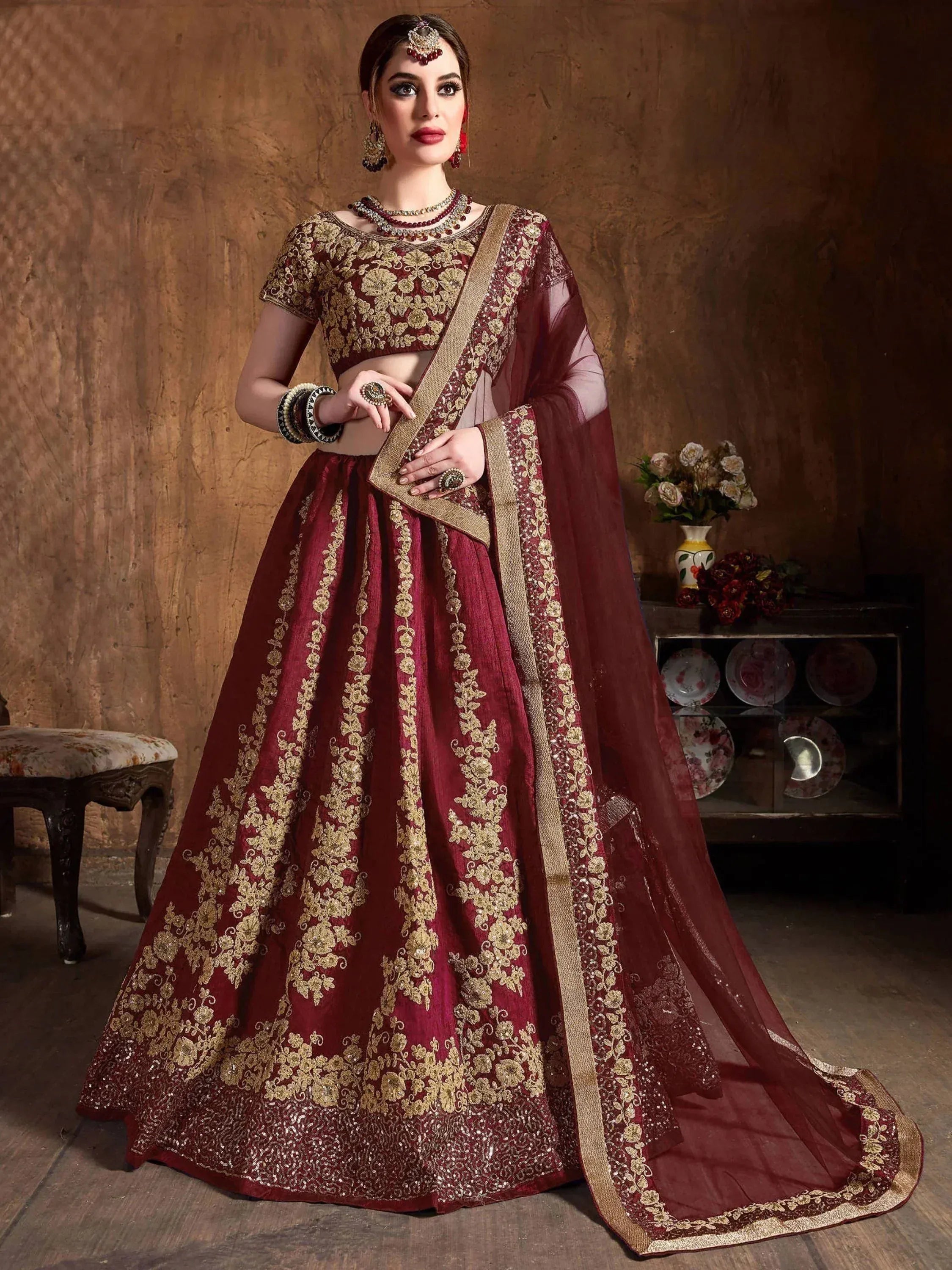 Tulsi Art Maroon Embroidery Raw Silk Wedding Lehenga Choli With Dupatta - Dista