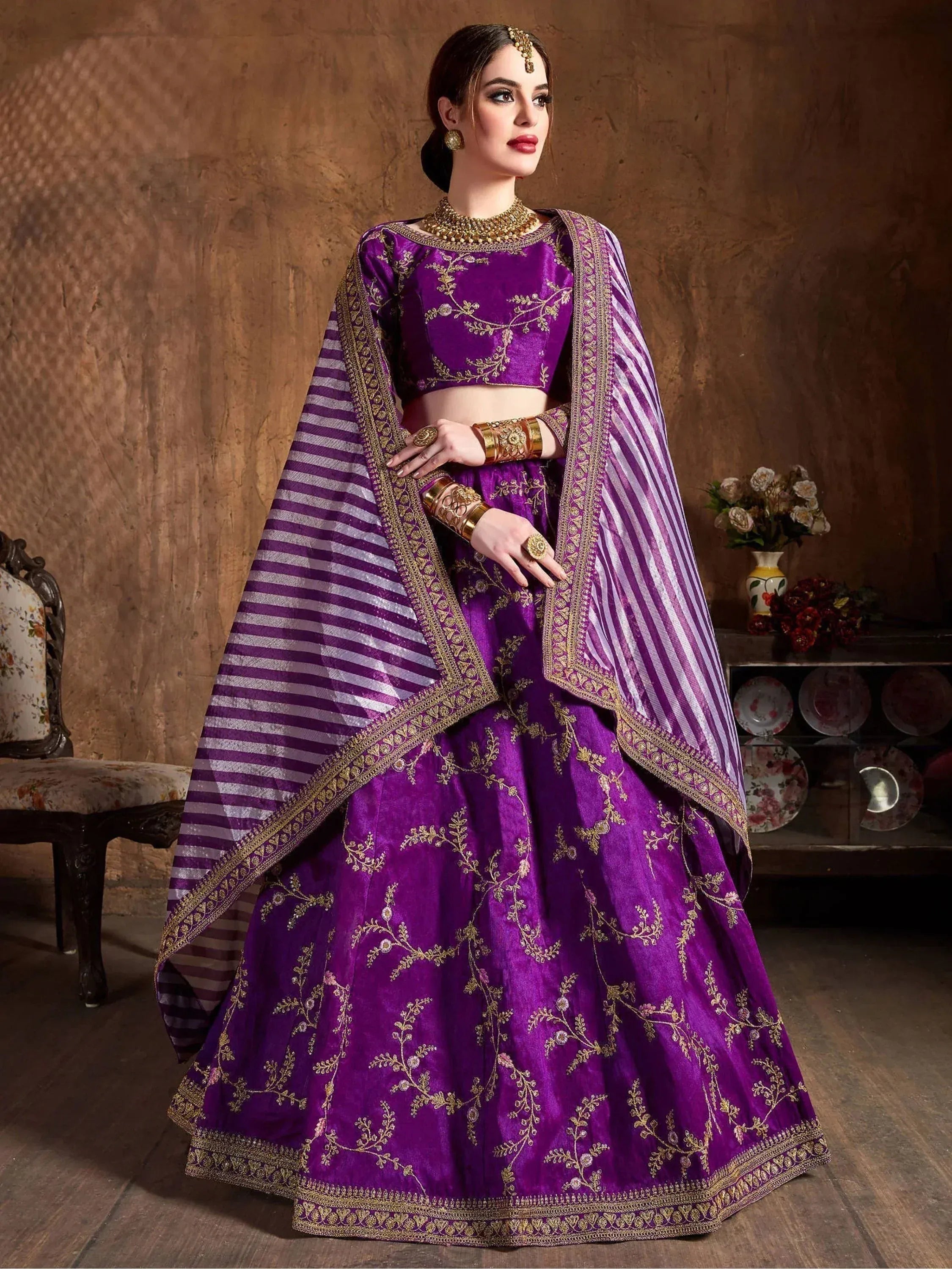 Tulsi Art Purple Embroidery Mulberry Silk Bridal Lehenga Choli With Striped Dupatta - Dista