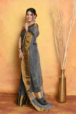 Thumbnail for Very Much Indian Handloom Pure Cotton Linen Saree With Golden Border - Grey Gold - Distacart
