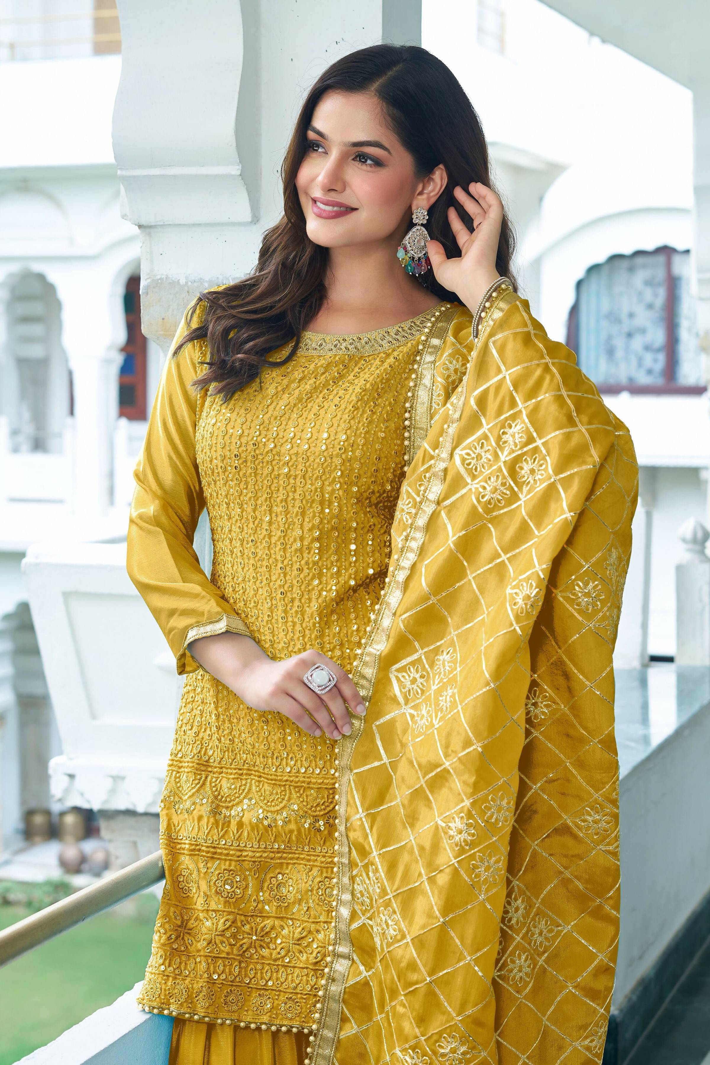Teeya Creation Yellow Color Chinon Silk Heavy Embroidery Work Fully Stitched Salwar Suit