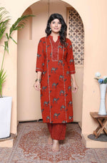 Thumbnail for Miravan Womens Rust Animal Printed Three Quarter Sleeves Pure Cotton Kurta With Palazzo - Distacart