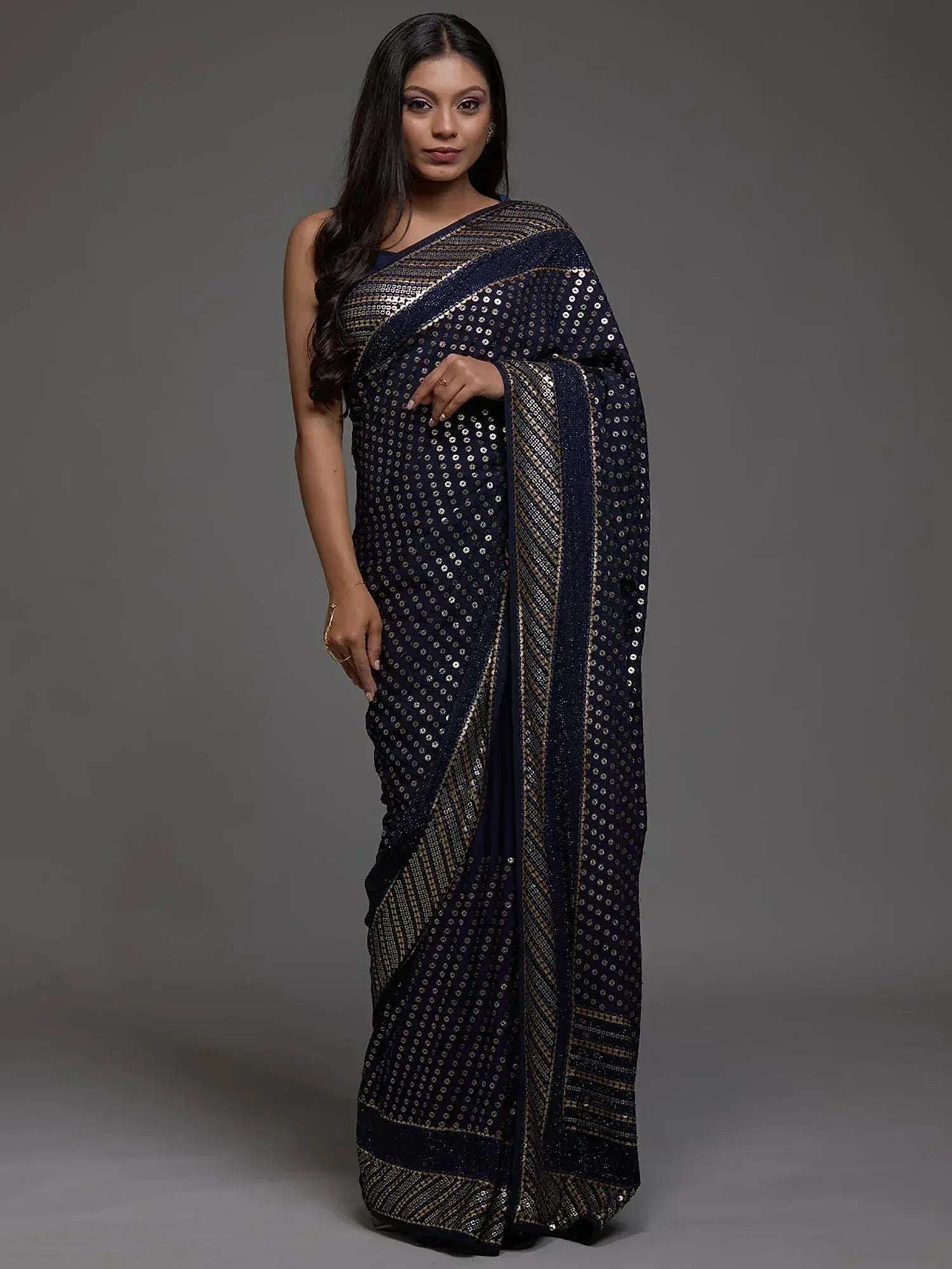Tulsi Art Adorable Navy Blue Sequins Georgette Party Wear Saree With Blouse - Dista